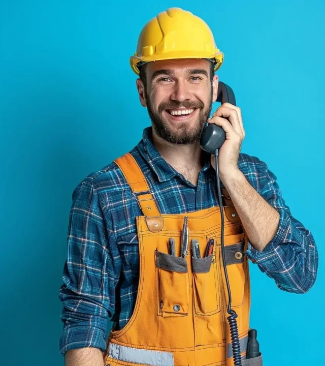 Lächelnder Handwerker, der das Telefon in der Hand hält